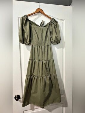 Just Found Olive Green Puff Sleeve Midi Dress
